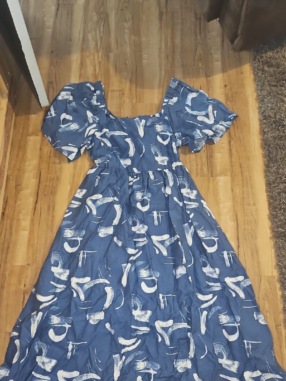 a new day Blue & White Puff-Sleeve Printed Dress